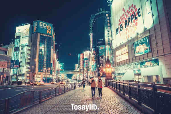 couple holding hands while walking on pathway in front of big apple building city night