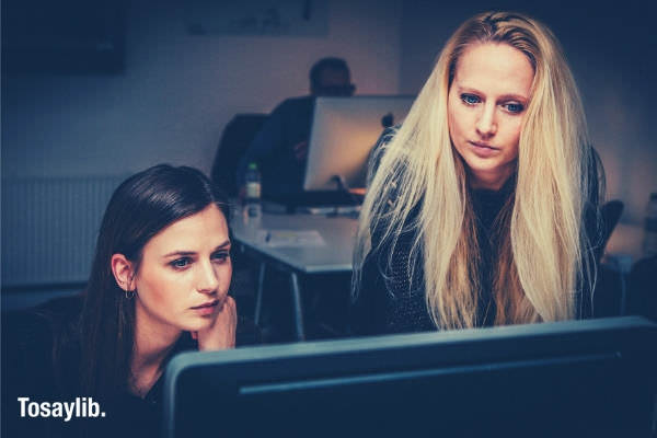 women teamwork team business llooking on computer screen