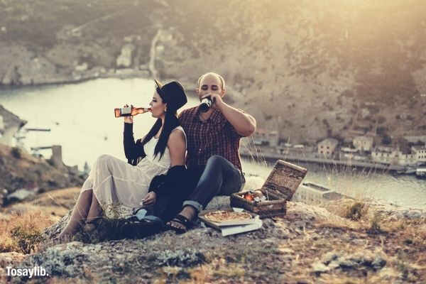 travel sunset camping couple love relaxation lunch picnic beer drinking