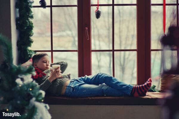 boy on window relaxing winter christmas tree