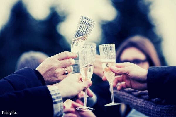 people holding clear champagne glasses toss