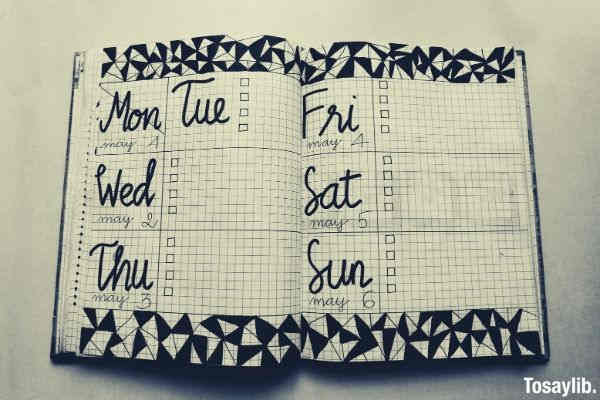 white and black weekly planner on gray surface