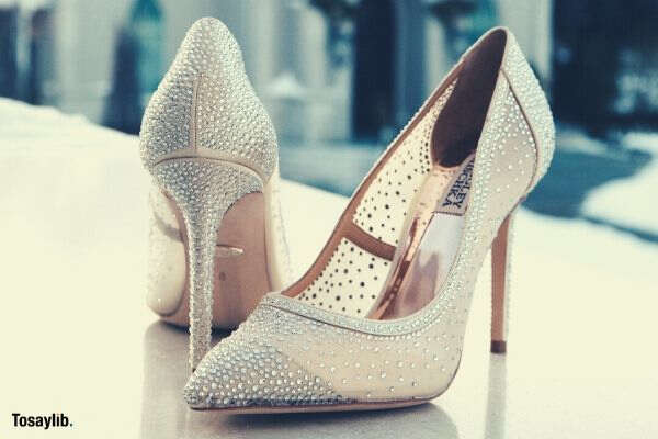 white pointed glittery shoes focus shot church