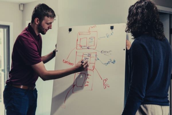 man writing on white board talking with another man in sweater ways to say in conclusion