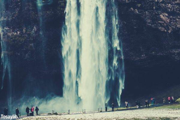 group of people standing watching near the waterfalls