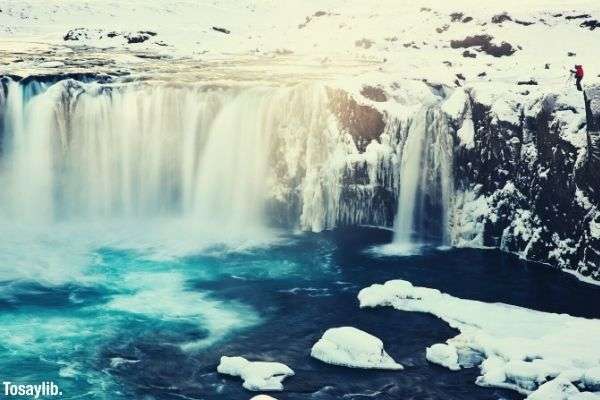 bird s eye view of waterfall big body of blue water ice