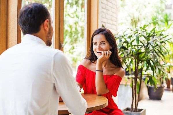 woman looking man on date cafe