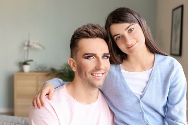 portrait happy transgender couple home