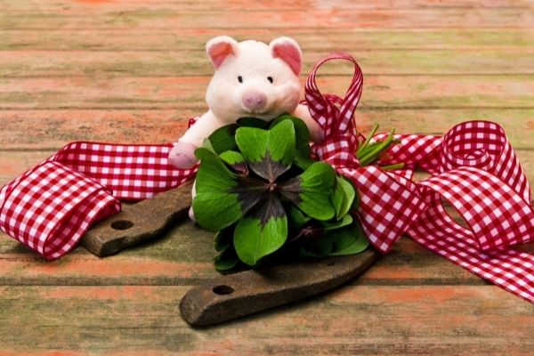 lucky charm on wood piglet toy