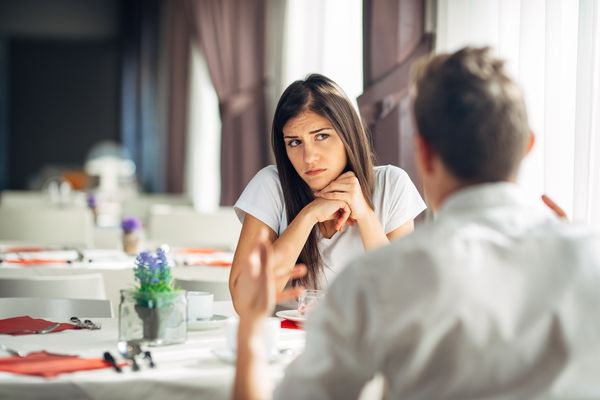 worried woman doubting female despise partners blur man