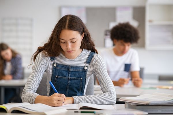 high school student taking notes book
