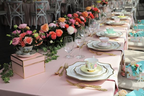 Table set up bridal shower flowers vintage tea cups