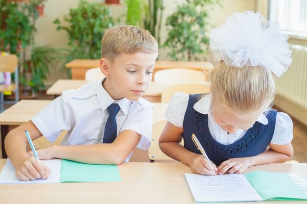 Student boy writes off test at girl copying homework