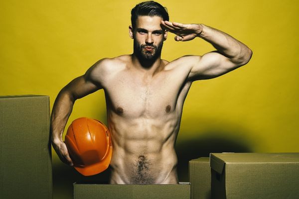 hot guy topless torso salute carrying a fireman hat