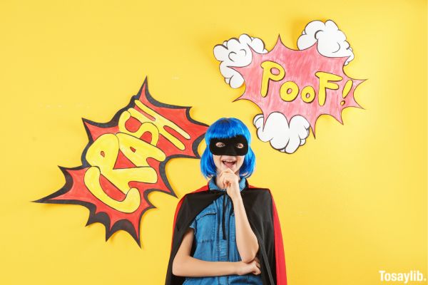 girl superhero costume thinking background crash poof
