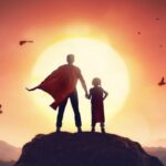 superhero father daughter taking hands looking at city sunset hill