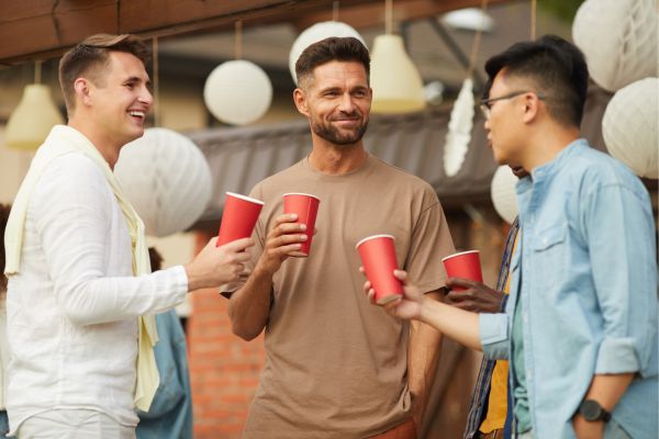 man throws open ended questions to someone he meets new drinking beer